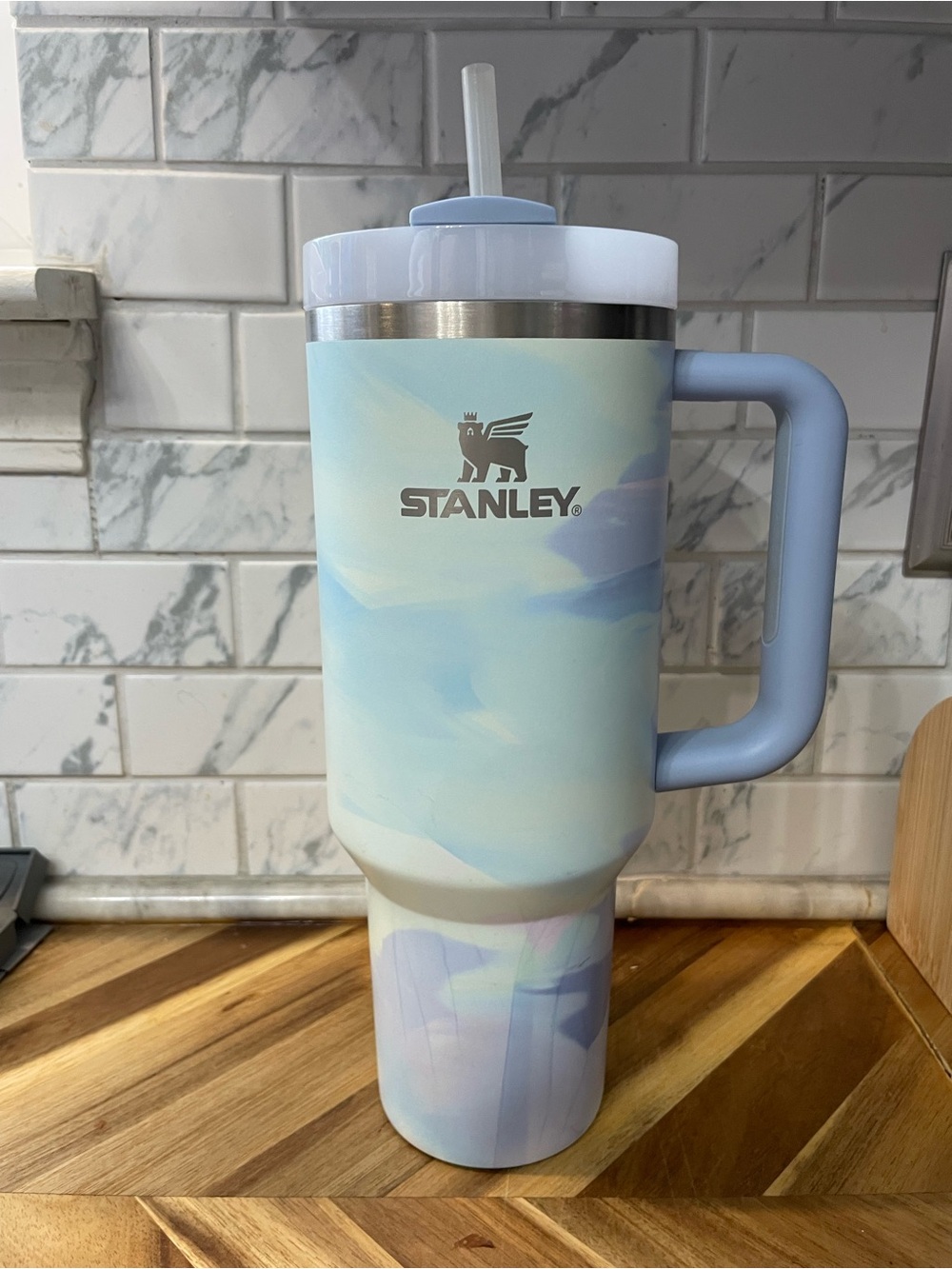Stanley Light Blue Marble Travel Mug with Handle and Straw